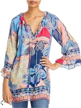 Johnny Was Jade Boho Printed V-Neck Tunic Top Oversized